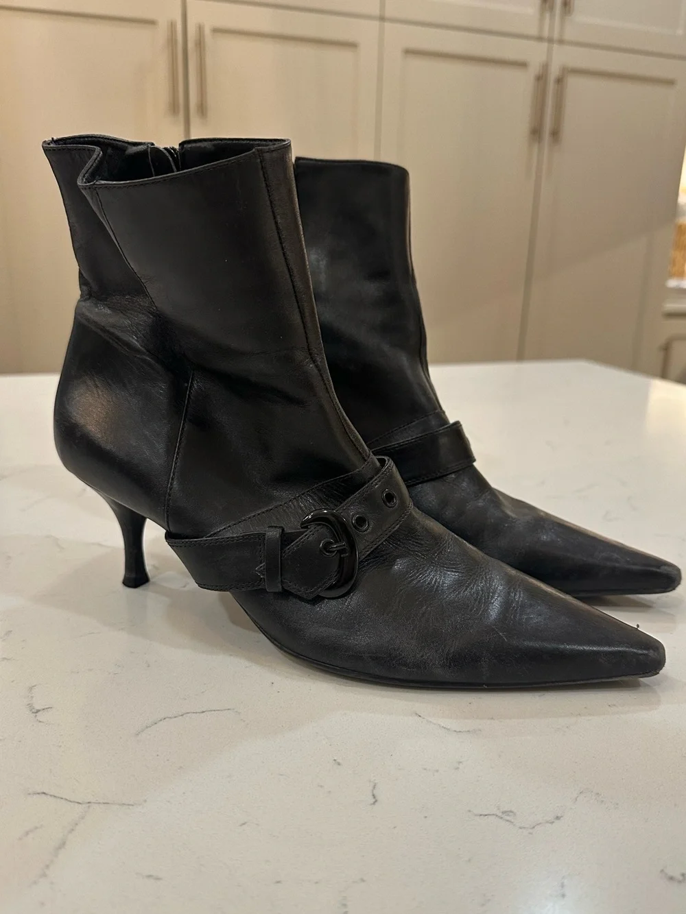 Gianni Bini Black Pointed Leather Ankle Booties with Buckle Strap- 8